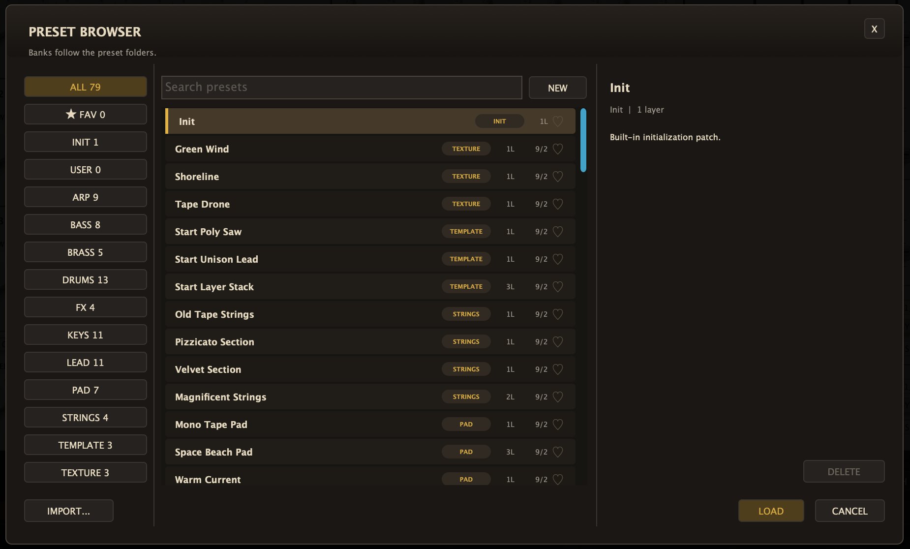 The preset browser, with 79 presets sorted by bank